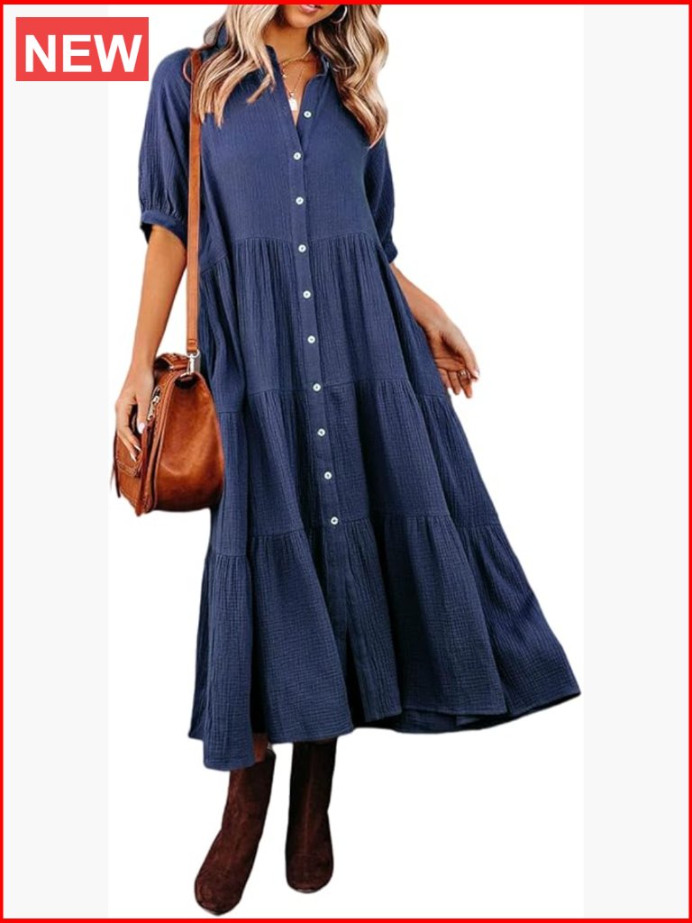 Women's Cotton Button Down Midi Dress With Pockets
